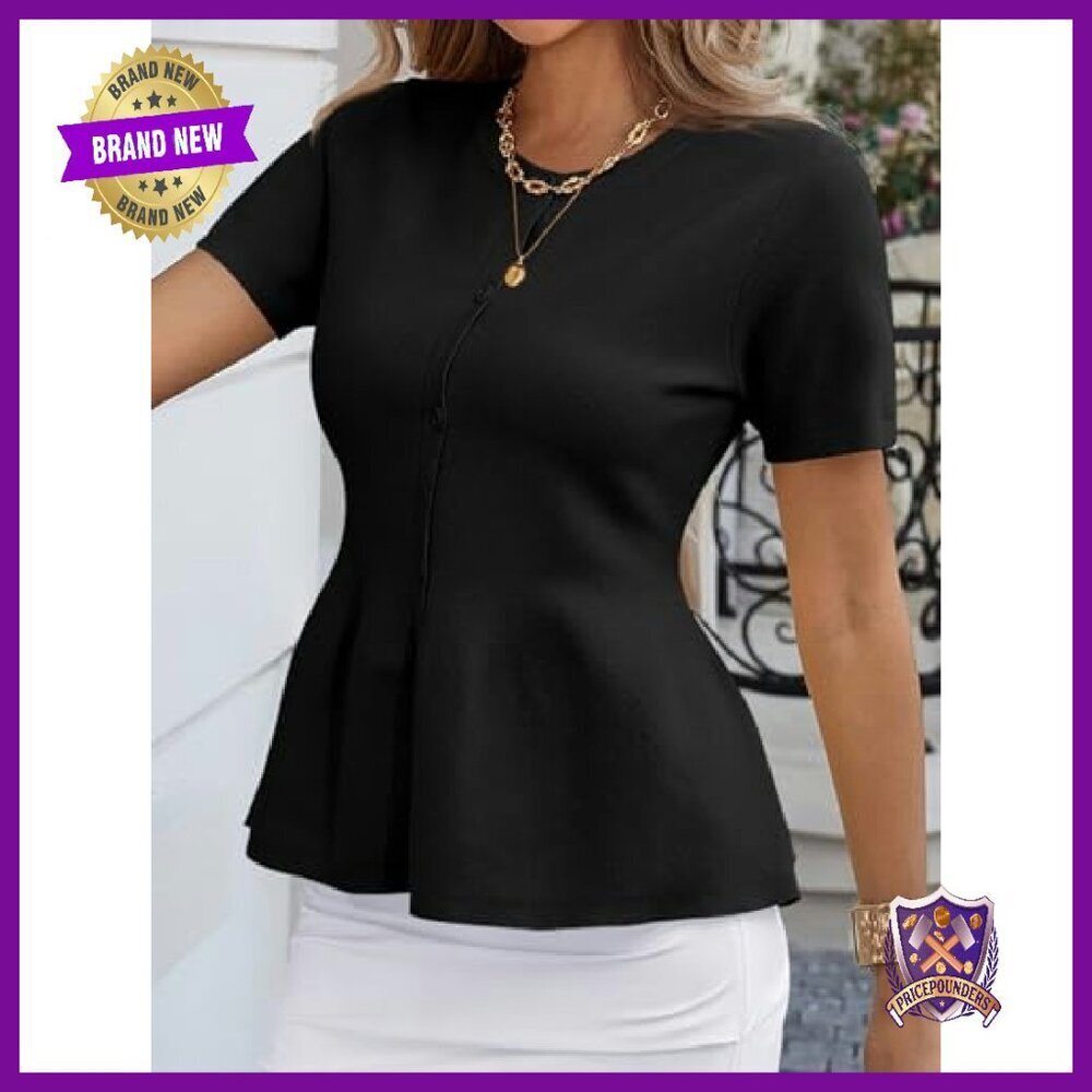 Short Sleeve Cardigan Ruffle Button Crew Neck Peplum Babydoll Sweater Top - Picture 5 of 7